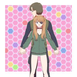 Rule 34 | 1boy, 1girl, age difference, aida kensuke, back-to-back, blue eyes, brown hair, evangelion: 3.0+1.0 thrice upon a time, eyepatch, glasses, green jacket, grin, hair ornament, hairclip, height difference, holding hands, jacket, legs, long hair, looking at viewer, looking back, masago ksb, neon genesis evangelion, panties, rebuild of evangelion, smile, souryuu asuka langley, standing, underwear