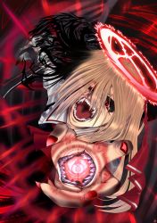 Rule 34 | 1girl, absurdres, bad id, bad pixiv id, black sclera, blonde hair, colored sclera, creepy, embodiment of scarlet devil, ex-rumia, female focus, highres, kumonji aruto, red eyes, ribbon, rumia, solo, sword, touhou, weapon