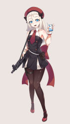 Rule 34 | 1girl, bare shoulders, beret, black bow, black dress, black pantyhose, blue eyes, blush, bow, breasts, cup, dress, girls&#039; frontline, gun, h&amp;k mp5, hair bow, hat, highres, holding, holding cup, holding weapon, jamgom, long hair, looking at viewer, milk, mp5 (girls&#039; frontline), necktie, open mouth, pantyhose, red footwear, red necktie, shoes, silver hair, simple background, small breasts, smile, solo, standing, submachine gun, weapon