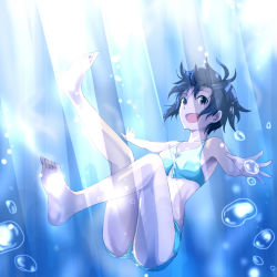 Rule 34 | 1girl, :d, absurdres, barefoot, black hair, bubble, feet, freediving, highres, idolmaster, idolmaster (classic), kikuchi makoto, light rays, midriff, open mouth, outstretched arms, purple eyes, roro9jyun6, short hair, short shorts, shorts, smile, soles, solo, spread arms, sunbeam, sunlight, swimming, underwater