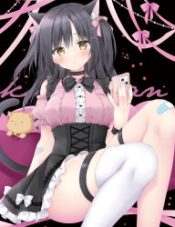 Rule 34 | 1girl, absurdres, animal ears, bandaid, bandaid on knee, bandaid on leg, bare shoulders, black background, black hair, black skirt, bow, breasts, cat ears, cat girl, cat hair ornament, cat tail, cellphone, comiket 102, commentary request, detached sleeves, frilled skirt, frills, hair between eyes, hair bow, hair ornament, hairclip, hand up, heart, heart hair ornament, highres, holding, holding phone, korie riko, medium breasts, nail polish, original, parted bangs, phone, pink bow, pink nails, pink shirt, pink sleeves, pleated skirt, puffy short sleeves, puffy sleeves, shirt, short sleeves, single thighhigh, skirt, solo, tail, thigh strap, thighhighs, two side up, white thighhighs