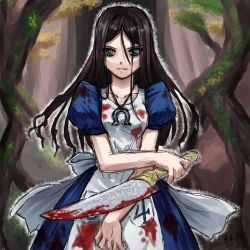 Rule 34 | 1girl, alice: madness returns, alice (alice in wonderland), alice in wonderland, alice liddell (american mcgee&#039;s alice), american mcgee&#039;s alice, apron, aura, black-yuzunyan, blood, blood on clothes, bloody knife, bow, brown hair, forest, green eyes, horseshoe, jewelry, knife, long hair, nature, necklace, solo