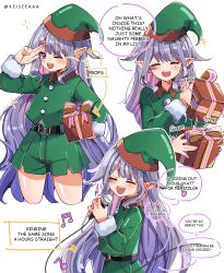 Rule 34 | 1girl, absurdres, alternate costume, alternate ears, christmas, elf, expressions, green shorts, grey hair, highres, hololive, hololive english, keisea, koseki bijou, long hair, multicolored hair, multiple views, open mouth, pointy ears, purple eyes, shorts, smile, virtual youtuber