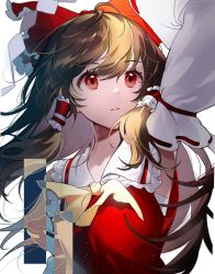 Rule 34 | 1girl, absurdres, arm up, blush, bow, brown hair, commentary, detached sleeves, hair bow, hair tubes, hakurei reimu, highres, long hair, long sleeves, red bow, red eyes, red shirt, seoji, shide, shirt, simple background, solo, touhou, upper body, white background, yellow neckwear