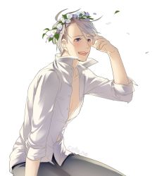 Rule 34 | 1boy, :d, arm support, backlighting, blue eyes, blush, buttons, collarbone, coto ne, dress shirt, eyelashes, fingernails, floating hair, flower, hand on own face, happy, head wreath, highres, leaf, long sleeves, looking afar, male focus, no nipples, open clothes, open mouth, open shirt, pale skin, pants, pectorals, shaded face, shirt, silver hair, simple background, sitting, smile, sunlight, teeth, twitter username, upper teeth only, viktor nikiforov, white background, white flower, white shirt, wind, wind lift, yuri!!! on ice