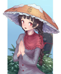 Rule 34 | 1girl, ajirogasa, black hair, blue background, braid, bush, capelet, coat, commentary request, gradient background, grey coat, hat, juliet sleeves, long sleeves, looking at viewer, open mouth, own hands together, palms together, puffy sleeves, red capelet, red eyes, roke (taikodon), smile, snow, solo, statue, touhou, translation request, twin braids, two-tone background, upper body, white background, yatadera narumi