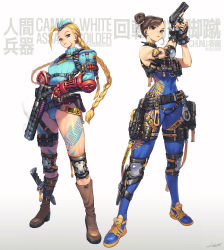 Rule 34 | 2girls, absurdres, adapted costume, adidas, ahoge, ammunition, ammunition belt, ankle holster, apex legends, bandolier, belt, belt pouch, black gloves, blue footwear, body writing, boots, bracelet, braid, breasts, brown eyes, brown footwear, brown hair, cammy white, capcom, character name, chun-li, combat knife, commentary, crossover, cuffs, double bun, earpiece, elbow pads, english commentary, facial scar, fingerless gloves, fingernails, full body, garrison cap, gloves, gun, hair bun, handcuffs, hat, hichi, highleg, highleg leotard, highres, holding, holding gun, holding weapon, holster, huge ahoge, jewelry, knee pads, knife, leotard, long hair, medium breasts, military operator, multiple girls, p2020 (pistol), peacekeeper (shotgun), pouch, red gloves, reloading, ribbed leotard, scar, scar on cheek, scar on face, shoes, short hair, shotgun, shotgun shell, shoulder holster, shoulder pads, single elbow pad, sleeveless, smoke, smoking barrel, sneakers, spiked bracelet, spikes, standing, stirrup legwear, street fighter, street fighter zero (series), striped, studded gloves, thick thighs, thigh pouch, thighs, toeless legwear, trigger discipline, twin braids, typo, unitard, updo, vambraces, vertical stripes, very long hair, weapon, weapon request, wirelepss, yellow footwear