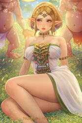 Rule 34 | 1girl, 2boys, bare shoulders, blonde hair, bokoblin, braid, choker, circlet, commentary, crown braid, dress, english commentary, highres, jewelry, light particles, lips, looking to the side, multiple boys, necklace, nintendo, official alternate costume, outdoors, patreon username, pointy ears, princess zelda, prywinko, see-through, see-through dress, short hair, sitting, skull necklace, solo focus, strapless, strapless dress, teardrop facial mark, the legend of zelda, the legend of zelda: tears of the kingdom, variant set, yellow eyes, yokozuwari