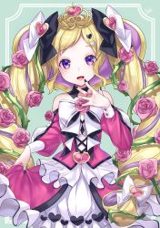 Rule 34 | 1girl, :d, bad id, bad pixiv id, bare shoulders, black nails, black ribbon, blonde hair, commentary request, cowboy shot, detached collar, dress, elise (fire emblem), fingernails, fire emblem, fire emblem fates, flower, framed, frilled dress, frills, hair flower, hair ornament, hair ribbon, hand up, head tilt, heart, heart hair ornament, highres, jewelry, long hair, long sleeves, looking at viewer, multicolored hair, nail polish, nintendo, off-shoulder dress, off shoulder, open mouth, pink flower, pink rose, plant, puffy sleeves, purple eyes, purple hair, ribbon, ring, ringozaka mariko, rose, sidelocks, signature, skirt hold, smile, solo, tiara, twintails, two-tone hair, very long hair, vines, white ribbon