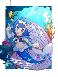 1girl :o bead_bracelet beads blue_eyes blue_hair blush_stickers border bracelet bright_pupils clam commentary_request cosplay creatures_(company) fishing_hook game_freak gen_1_pokemon gen_3_pokemon gen_7_pokemon hairband hand_up highres index_finger_raised jewelry lana_(pokemon) luvdisc mermaid monster_girl navel nintendo no_sclera open_mouth pikachu pokemon pokemon_(creature) pokemon_sm primarina primarina_(cosplay) seaweed short_hair starfish sumeragi1101 underwater white_border white_pupils yellow_hairband