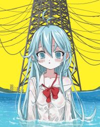 Rule 34 | 1girl, antenna hair, blue eyes, blue hair, blush, bow, bowtie, breasts, cable, collared shirt, denpa onna to seishun otoko, expressionless, long hair, looking at viewer, loose bowtie, messy hair, parted lips, partially submerged, radio tower, red bow, red bowtie, shinsekai (z o10), shirt, single bare shoulder, sky, small breasts, solo, touwa erio, water, wet, wet clothes, white shirt, yellow sky
