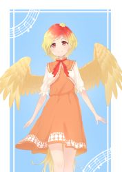 Rule 34 | 1girl, animal, animal on head, beamed eighth notes, bird, bird tail, bird wings, blonde hair, blue background, brown dress, capelet, chick, cowboy shot, cropped legs, dress, eighth note, feathered wings, head tilt, highres, kanpa (campagne 9), layered dress, long hair, looking at viewer, multicolored hair, musical note, neck ribbon, niwatari kutaka, on head, puffy short sleeves, puffy sleeves, quarter note, red eyes, red hair, red neckwear, ribbon, short hair, short sleeves, simple background, smile, staff (music), standing, touhou, two-tone hair, wings