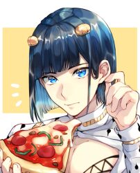 Rule 34 | 1boy, animal print, bishounen, blue eyes, blue hair, blunt bangs, blunt ends, bob cut, bruno bucciarati, chest tattoo, cleavage cutout, closed mouth, clothing cutout, collarbone, collared shirt, commentary request, fingernails, food, gold bracelet, hair ornament, hand on own ear, holding, holding food, jojo no kimyou na bouken, leopard print, lips, long sleeves, looking at viewer, male focus, notice lines, pectoral cleavage, pectorals, pepperoni pizza, pizza, pizza slice, shirt, short hair, simple background, solo, tattoo, tiyi (tiyi a09), two-tone background, upper body, vento aureo, white background, white shirt, yellow background