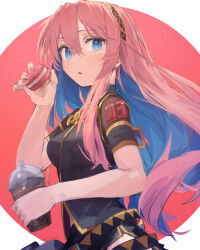 Rule 34 | 1girl, absurdres, black shirt, bubble tea, colored inner hair, food, highres, holding, holding food, light blush, long hair, looking at viewer, megurine luka, mihoranran, multicolored hair, nail polish, pink hair, pink nails, shirt, simple background, solo, sweets, upper body, vocaloid