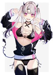 Rule 34 | 1girl, :d, bare shoulders, black bra, black hair, black jacket, black panties, black thighhighs, bra, breasts, choker, cleavage, commentary request, cowboy shot, fangs, gradient hair, hair ornament, halterneck, hands up, highres, horns, jacket, kayahara, long hair, long sleeves, looking at viewer, medium breasts, mole, mole on breast, multicolored hair, no pants, off shoulder, open mouth, original, panties, partially unzipped, purple eyes, silver hair, smile, solo, standing, streaked hair, tail, thighhighs, thighs, twintails, underwear, w, x hair ornament