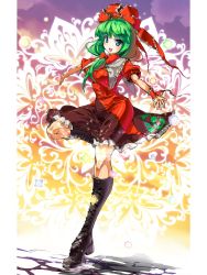 Rule 34 | 1girl, boots, bow, breasts, cross-laced footwear, dress, female focus, frills, front ponytail, green eyes, green hair, hair bow, hair ribbon, highres, kagiyama hina, lace-up boots, large breasts, matching hair/eyes, ribbon, shirt, smile, solo, standing, standing on one leg, taut clothes, taut shirt, touhou, umigarasu (kitsune1963)