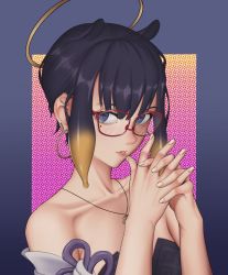 Rule 34 | alternate hair length, alternate hairstyle, collarbone, dress, eyebrows hidden by hair, fingers together, glasses, gradient background, halo, highres, hololive, hololive english, interlocked fingers, jewelry, looking at viewer, mole, mole under eye, necklace, neon luminous, ninomae ina&#039;nis, ninomae ina&#039;nis (1st costume), strapless, strapless dress, teeth, tentacle hair, virtual youtuber