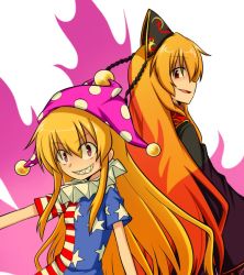 Rule 34 | 2girls, american flag dress, back-to-back, bad id, bad twitter id, black dress, chinese clothes, clownpiece, crescent, dress, energy, fox tail, frilled shirt collar, frills, from side, grin, hat, jester cap, junko (touhou), long hair, long sleeves, looking at viewer, multiple girls, multiple tails, orange hair, parted lips, pink eyes, polka dot, profile, red eyes, short sleeves, smile, star (symbol), sumiya nadateru, tabard, tail, touhou, upper body, very long hair, wide sleeves