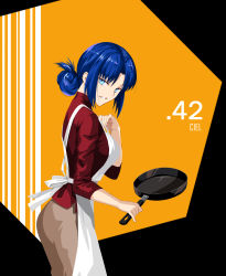 Rule 34 | 1girl, apron, axia-chan, blue eyes, blue hair, character name, ciel (tsukihime), cowboy shot, folded ponytail, from side, frying pan, hair bun, highres, looking at viewer, looking to the side, pinky out, red shirt, shirt, short hair, sidelocks, single hair bun, smile, solo, standing, tsukihime, type-moon, white apron