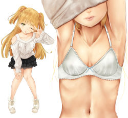 Rule 34 | 1girl, armpits, arms up, black skirt, blonde hair, bra, breasts, clothes lift, clothing cutout, collarbone, green eyes, hand gesture, idolmaster, idolmaster cinderella girls, irohakaede, jougasaki rika, leaning forward, lips, long hair, multiple views, navel, one eye closed, scrunchie, shoulder cutout, simple background, skirt, small breasts, smile, sweater, sweater lift, tongue, tongue out, two side up, underwear, v, white background, white bra, white sweater