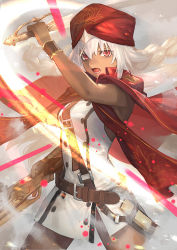 Rule 34 | 1girl, arm up, belt, belt buckle, breasts, brown belt, buckle, cape, commentary request, dark-skinned female, dark skin, dress, eyebrows hidden by hair, fate/grand order, fate (series), gun, hair between eyes, highres, holding, holding gun, holding sword, holding weapon, kazuki seto, lakshmibai (fate), looking at viewer, open mouth, red cape, red eyes, red headwear, sleeveless, sleeveless dress, small breasts, solo, sword, turban, v-shaped eyebrows, weapon, white dress, white hair