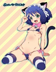 Rule 34 | 10s, 1girl, animal ears, bell, bikini, blue hair, blush, breasts, cat ears, cat tail, covered erect nipples, curly hair, cyan (show by rock!!), fangs, green eyes, highres, looking at viewer, micro bikini, mudou eichi, multiple girls, navel, open mouth, short hair, show by rock!!, sitting, small breasts, smile, solo, striped clothes, striped thighhighs, swimsuit, tail, thighhighs, v