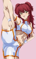 Rule 34 | 1girl, :p, absurdres, armband, breasts, commentary request, covered erect nipples, earrings, freckles, gundam, gundam 00, highres, jewelry, large breasts, leg up, long hair, midriff, naughty face, navel, nena trinity, pink background, red hair, safety kaijo, shorts, simple background, smile, solo, split, standing, standing on one leg, standing split, thighhighs, tongue, tongue out, v, yellow eyes