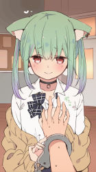 Rule 34 | 1girl, absurdres, animal ears, cardigan, cat ears, choker, classroom, commentary request, cuffs, earrings, green hair, handcuffs, highres, hololive, jewelry, looking at viewer, official alternate costume, red eyes, school uniform, suzuki toto, uruha rushia, uruha rushia (school uniform), virtual youtuber, yandere