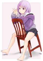 Rule 34 | 1girl, :o, absurdres, bare legs, barefoot, black skirt, breasts, chair, chobbi, commentary request, grey background, gridman universe, highres, hood, hooded jacket, jacket, long sleeves, looking at viewer, off shoulder, own hands together, pink hair, pleated skirt, purple jacket, purple neckwear, purple ribbon, ribbon, shinjou akane, shirt, short hair, simple background, sitting, skirt, solo, ssss.gridman, two-tone background, white background