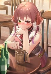 Rule 34 | 1girl, absurdres, alcohol, bad id, bad pixiv id, bare shoulders, blush, chair, cleavage, drink, green eyes, hair between eyes, hair ribbon, hand on own cheek, hand on own face, hand on table, highres, hololive, houshou marine, hp2, looking at viewer, red eyes, red hair, ribbon, see-through, see-through cleavage, sitting, solo, table, treasure, virtual youtuber