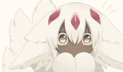 Rule 34 | 1girl, black skin, body fur, colored skin, dark skin, ears down, faputa, female focus, horns, made in abyss, monster girl, multiple tails, no nose, simple background, solo, tail, tatososu, very dark skin, white background, white fur, white hair