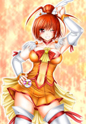 Rule 34 | 10s, 1girl, blush, breasts, cure sunny, dress, covered erect nipples, hair ornament, hino akane (smile precure!), large breasts, magical girl, nipples, no bra, no panties, orange eyes, orange hair, orange skirt, orange theme, otone, otone (artist), precure, skirt, smile, smile precure!, solo, sweat, thighhighs, wardrobe malfunction