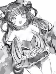 Rule 34 | 1girl, :d, animal ears, breasts, cameltoe, cat ears, copyright request, detached sleeves, greyscale, highres, leotard, long hair, long sleeves, looking at viewer, monochrome, nanashi (nlo), nekoyama nae, open mouth, short eyebrows, simple background, small breasts, smile, solo, thigh gap, toranoana, two side up, virtual youtuber, white background, wide sleeves