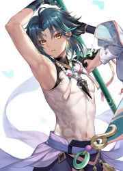 Rule 34 | 1boy, ahoge, arm guards, arm tattoo, armpits, arms up, bead necklace, beads, bug, butterfly, commentary, covered navel, cowboy shot, detached sleeves, eyeliner, facial mark, forehead mark, genshin impact, gloves, green gloves, green hair, head tilt, highres, holding, holding weapon, insect, jewelry, looking at viewer, makeup, male focus, multicolored hair, nasaniliu, necklace, parted bangs, parted lips, print shirt, resolution mismatch, shirt, shoulder pads, shoulder spikes, simple background, single sleeve, sleeveless, sleeveless shirt, solo, source smaller, spikes, standing, tassel, tattoo, turtleneck, two-tone hair, weapon, white background, white shirt, xiao (genshin impact), yellow eyes