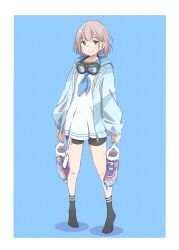 Rule 34 | 1girl, bike shorts, black socks, blue background, blue eyes, blue jacket, blue neckerchief, blue sailor collar, blush, breasts, closed mouth, dot nose, dress, eitopondo, full body, goggles, goggles around neck, grey hair, highres, holding, holding shoes, idolmaster, idolmaster shiny colors, inline skates, jacket, long sleeves, looking at viewer, neckerchief, open clothes, open jacket, roller skates, sailor collar, serizawa asahi, shadow, shoes, short hair, simple background, skates, small breasts, smile, socks, solo, standing, tiptoes, white dress, zipper, zipper pull tab