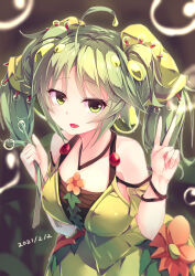 Rule 34 | 1girl, absurdres, ahoge, asymmetrical bangs, bare shoulders, blush, breasts, bubble, collarbone, dress, duel monster, flower, green dress, green eyes, green hair, green ribbon, hair ornament, hair ribbon, highres, holding, holding plant, jewelry, kanzakietc, looking at viewer, medium breasts, open mouth, parted bangs, plant, raised eyebrows, ribbon, short hair, simple background, smile, solo, strap, traptrix sera, twintails, v, yu-gi-oh!