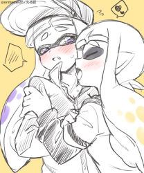 Rule 34 | 2girls, baseball cap, blush, eromame, fang, hat, hood, hoodie, inkling girl, inkling player character, licking, licking another&#039;s neck, long hair, long sleeves, multiple girls, nintendo, open mouth, pointy ears, purple eyes, saliva, splatoon (series), sweatdrop, tentacle hair, tongue, tongue out, yellow background, yuri