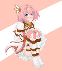 Rule 34 | 1girl, absurdres, blue eyes, boots, bound, dress, frills, hair ornament, hairband, highres, jiayuansi, knee boots, knees up, long sleeves, parted hair, pink dress, pink hair, pink thighhighs, princess connect!, restrained, shibari, solo, thighhighs, tied up (nonsexual), white footwear, yui (princess connect!)