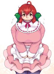 Rule 34 | 1girl, ahoge, blush, breasts, brown eyes, fat, female focus, gradient background, hair ribbon, highres, inamori futayo, large breasts, looking at viewer, original, orizen, red hair, ribbon, short hair, solo, standing, thick thighs, thighs, white background, wide hips