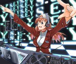 Rule 34 | 1girl, baseball cap, blazer, blue eyes, blush, breasts, brown hair, charlotte e. yeager, computer, dj, hat, headphones, hiroshi (hunter-of-kct), indoors, jacket, laptop, large breasts, long hair, one eye closed, open mouth, red jacket, shirt, smile, solo, strike witches, upper body, white shirt, world witches series