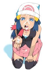 Rule 34 | 1girl, blue eyes, blue hair, boots, breasts, creatures (company), cum, dawn (pokemon), facial, game freak, highres, long hair, looking down, medium breasts, nintendo, pokemon, pokemon dppt, simple background, sitting, skirt, tongue, tongue out, white background, woogleboy