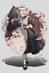 Rule 34 | 1girl, apron, black dress, black footwear, blood, blood on clothes, dress, hair ribbon, hat, juliet sleeves, long hair, long sleeves, looking down, maid, maid apron, neck ribbon, original, pantyhose, pink eyes, pink hair, puffy sleeves, ribbon, shoes, sidelocks, simple background, skirt hold, solo, standing, suteinua, very long hair, white apron, white hat, white pantyhose