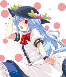 Rule 34 | 1girl, :d, blue hair, blush, fa no hito, female focus, food, fruit, hand on headwear, hat, highres, hinanawi tenshi, long hair, open mouth, peach, red eyes, smile, solo, touhou, wrist cuffs