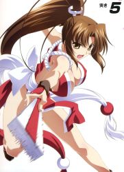 Rule 34 | 1girl, breasts, brown eyes, brown hair, folded fan, hand fan, fatal fury, folding fan, highres, izumi mahiru, large breasts, legs, long hair, long legs, pelvic curtain, ponytail, queen&#039;s blade, queen&#039;s gate, revealing clothes, shiranui mai, snk, solo, the king of fighters, thighs, very long hair