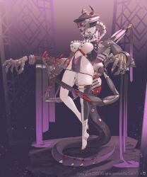 Rule 34 | 1girl, abstract background, arms behind back, asymmetrical legwear, barefoot, breasts, commentary, curvy, english text, full body, grey background, grey headwear, grey thighhighs, highres, jewelry, large breasts, looking at viewer, mask, mecha musume, mouth mask, nail polish, navel, necklace, open clothes, original, pink eyes, pointy ears, short eyebrows, short hair, single thighhigh, skindentation, solo, stomach, suerte, symbol-only commentary, thighhighs, toenail polish, toenails, white hair
