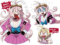 Rule 34 | :d, ahoge, akamatsu kaede, angry, antenna hair, barbed wire, black gloves, blonde hair, blue eyes, breasts, choker, cleavage, commentary request, danganronpa (series), danganronpa v3: killing harmony, fingerless gloves, flying sweatdrops, fortissimo, furukawa (yomawari), gloves, goggles, goggles on head, hair between eyes, hair ornament, highres, iruma miu, large breasts, long hair, long sleeves, looking at viewer, musical note, musical note hair ornament, necktie, open mouth, pink shirt, pleated skirt, pointing, pointing at another, sailor collar, school uniform, serafuku, shaded face, sharp teeth, shirt, simple background, skirt, smile, sweater vest, teeth, tongue, tongue out, upper teeth only, white background, white shirt