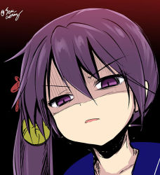 Rule 34 | 10s, 1girl, akebono (kancolle), bell, black background, disgust, flower, hair bell, hair flower, hair ornament, half-closed eyes, jingle bell, kantai collection, long hair, portrait, purple eyes, purple hair, red background, sen (astronomy), shaded face, side ponytail, solo, twitter username, two-tone background