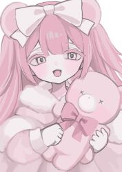 Rule 34 | 1girl, animal ears, bear ears, bear girl, bow, fur trim, hair bow, highres, holding, holding stuffed toy, long hair, long sleeves, looking at viewer, monochrome, open mouth, original, pink theme, shiona (siona0625), solo, stuffed animal, stuffed toy, teddy bear, upper body