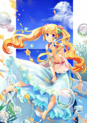 Rule 34 | 1girl, alle gro, blonde hair, blue eyes, bottle, bubble, day, drink, flower, hair flower, hair ornament, high heels, long hair, orangina, original, personification, sandals, shoes, sitting, skirt, sky, smile, solo, twintails, very long hair