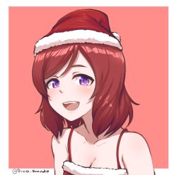 Rule 34 | 1girl, :d, breasts, camisole, cleavage, disco brando, fur trim, hat, looking at viewer, love live!, love live! school idol project, nishikino maki, open mouth, orange background, purple eyes, red hair, red hat, santa hat, short hair, simple background, smile, solo, swept bangs, twitter username, upper body